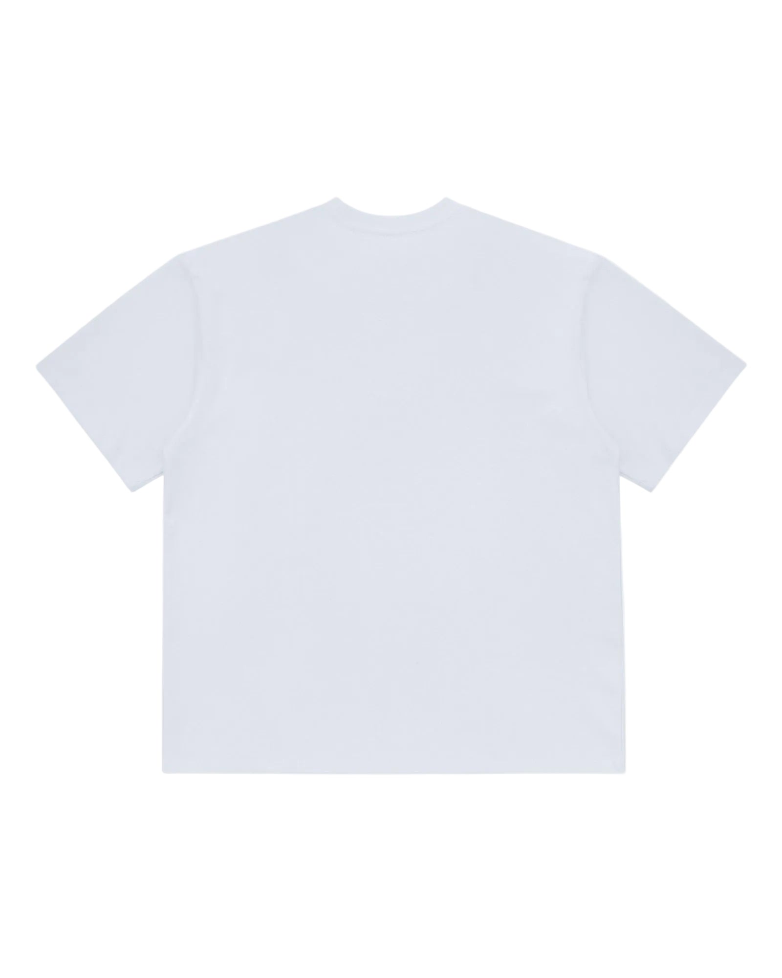 Back view of a plain white, short-sleeve premium t-shirt with a relaxed, boxy fit against a white background.