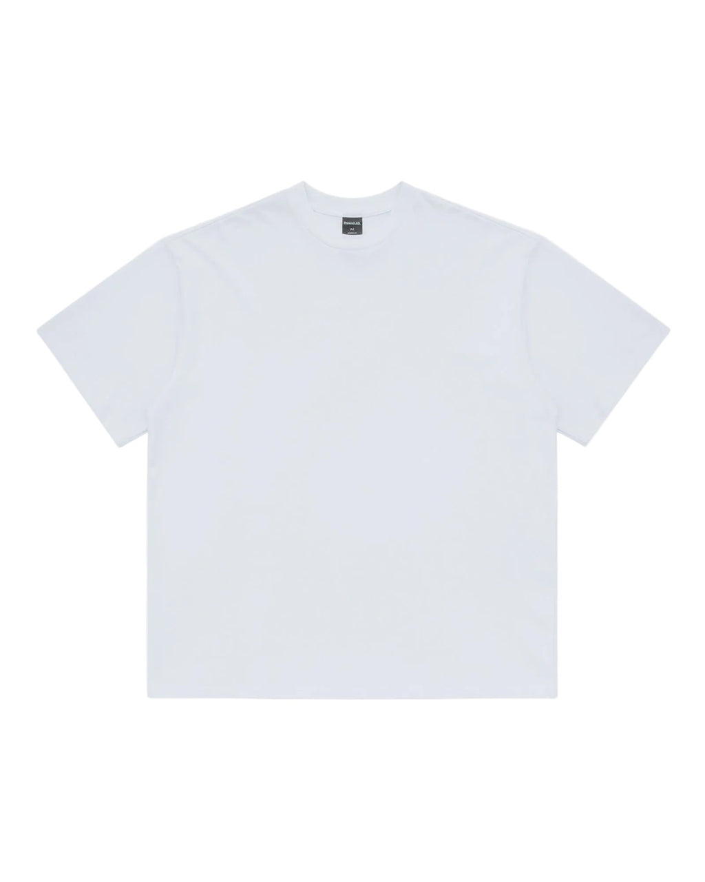 Minimalist white premium crewneck tee with a relaxed fit and a black interior neck label.