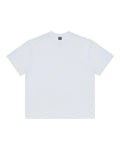 Minimalist white premium crewneck tee with a relaxed fit and a black interior neck label.