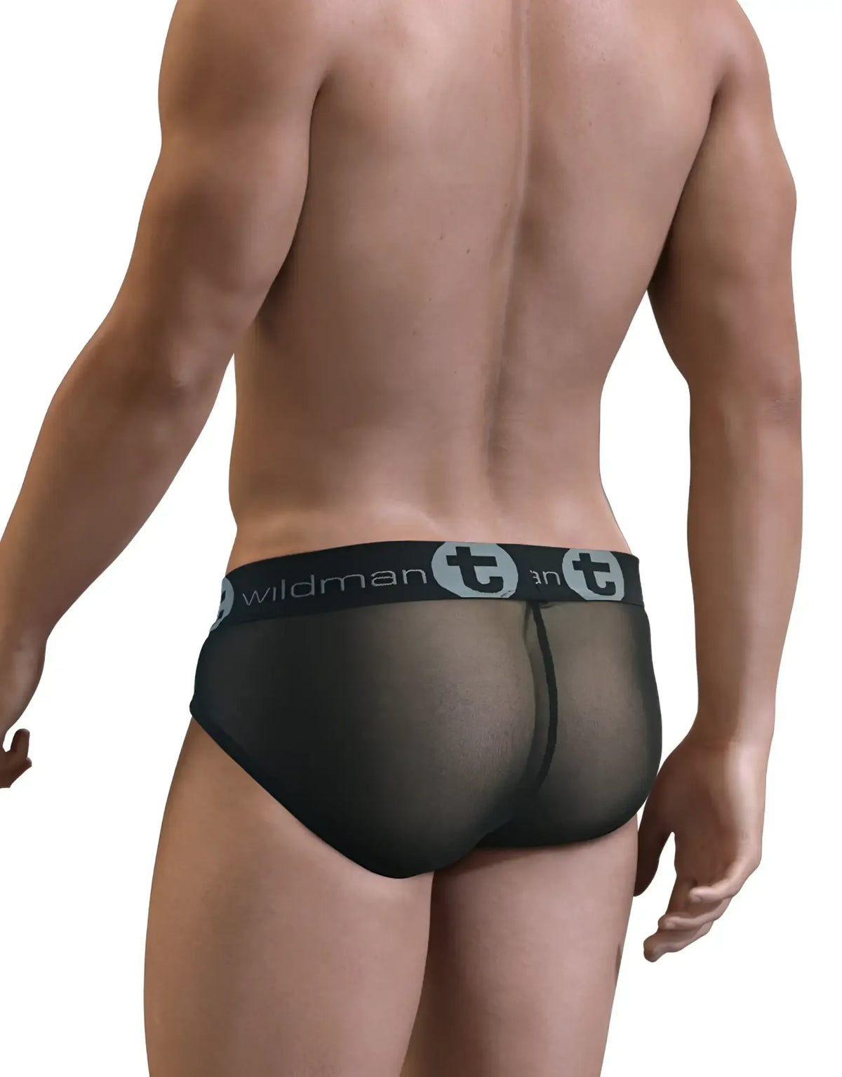 Back view of a man wearing sheer black pouch briefs with a black waistband featuring "wildman" and a T logo.