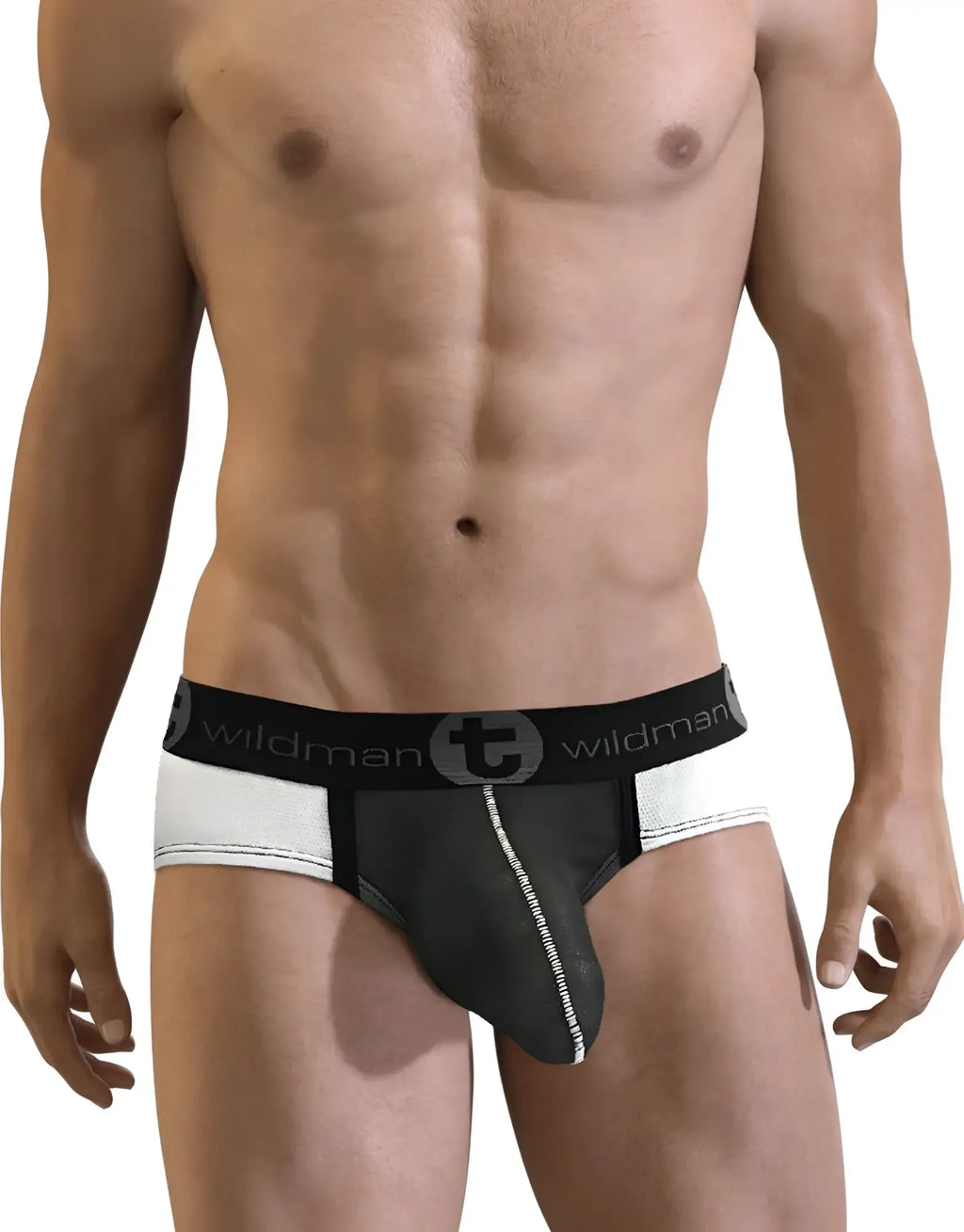 Man wearing a black and white pouch brief with a branded waistband and contrast white stitching.