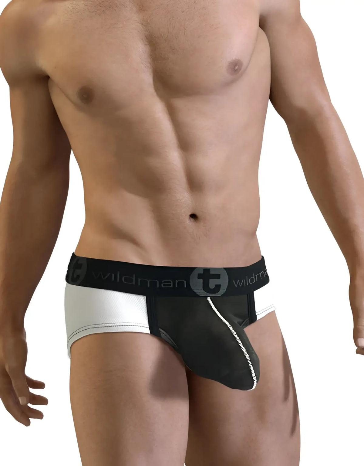 Athletic man wearing a two-tone white and black pouch brief with a branded black waistband and white accent stitching.