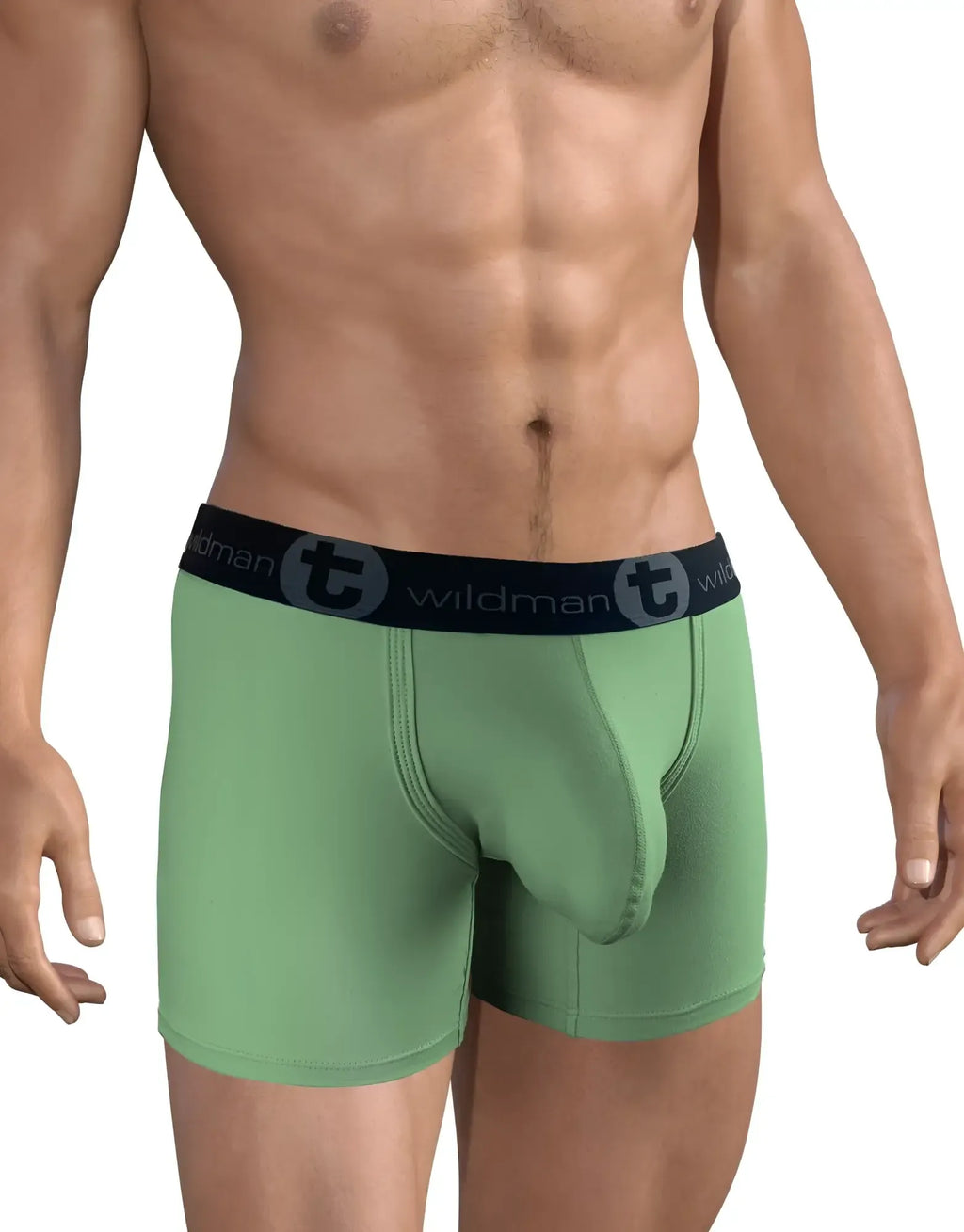 Sage green 5-inch inseam cotton boxer briefs with a prominent contoured pouch and black Wildman branded waistband.