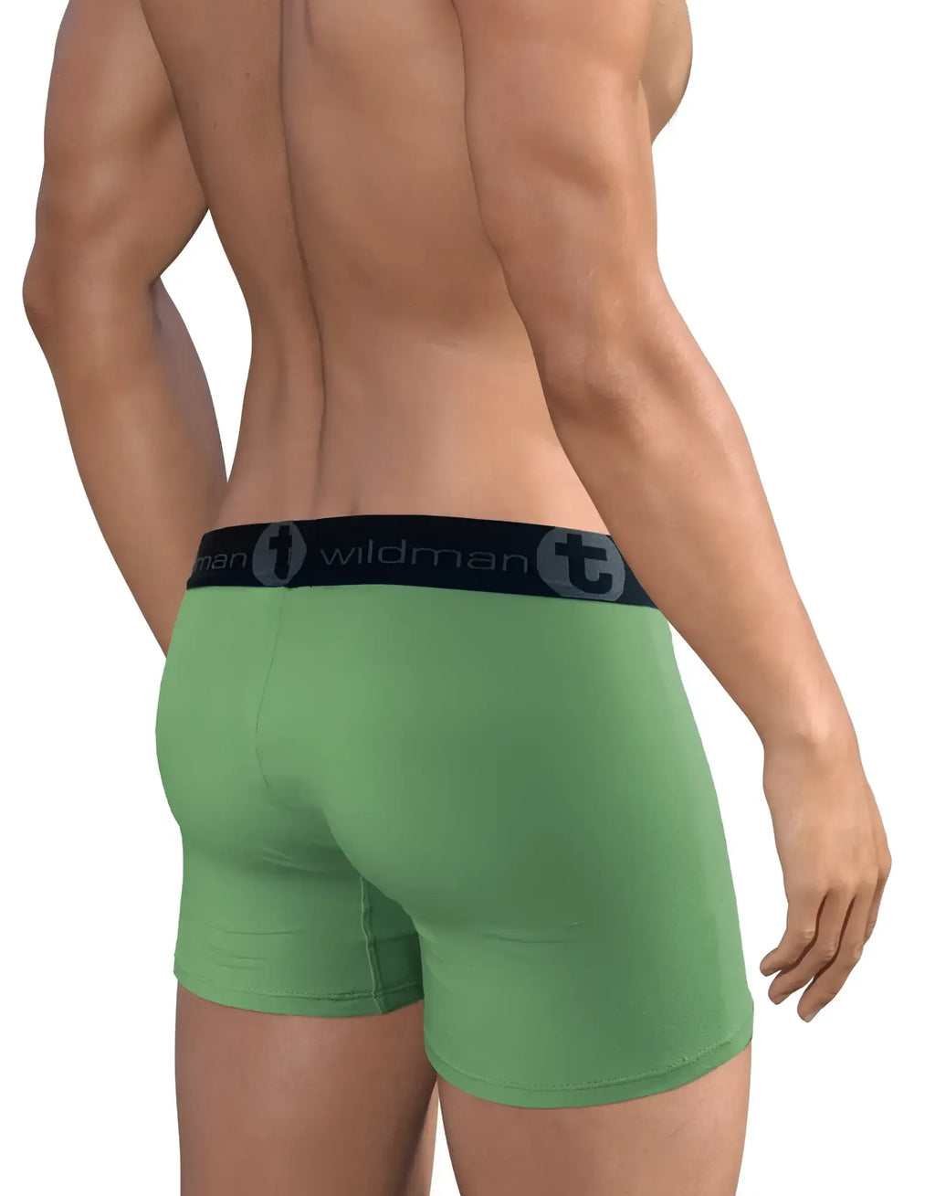 Back view of green 5-inch inseam cotton boxer briefs with a black branded elastic waistband on a muscular model.