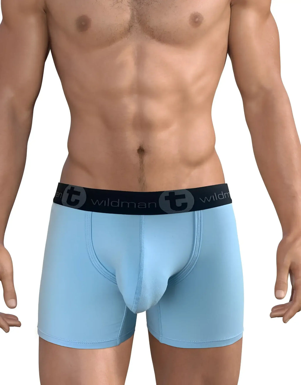 Light blue cotton boxer briefs with a front pouch and a black branded elastic waistband on a fit male model.