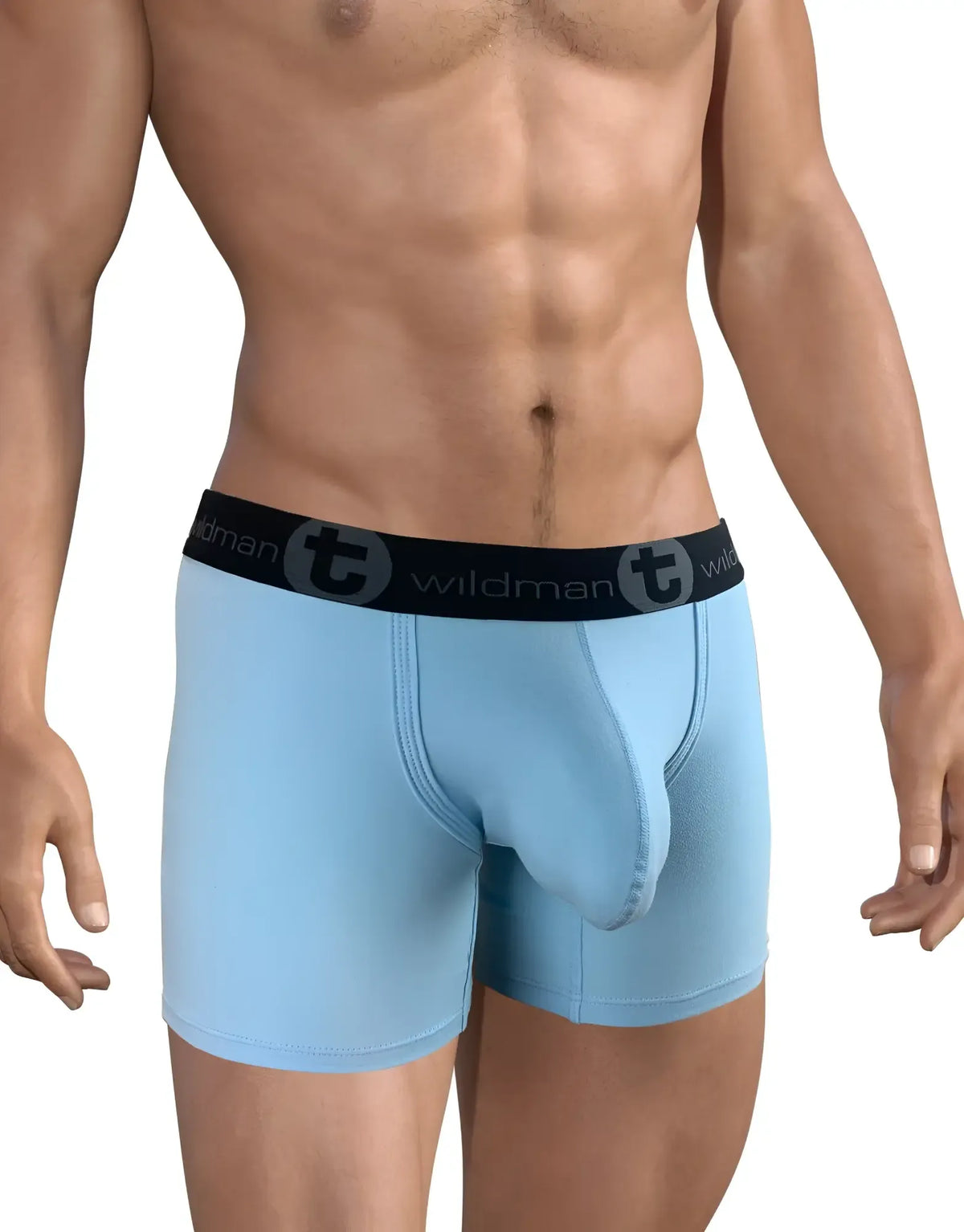 Light blue 5-inch inseam cotton boxer briefs with a supportive front pouch and black Wildman branded elastic waistband.