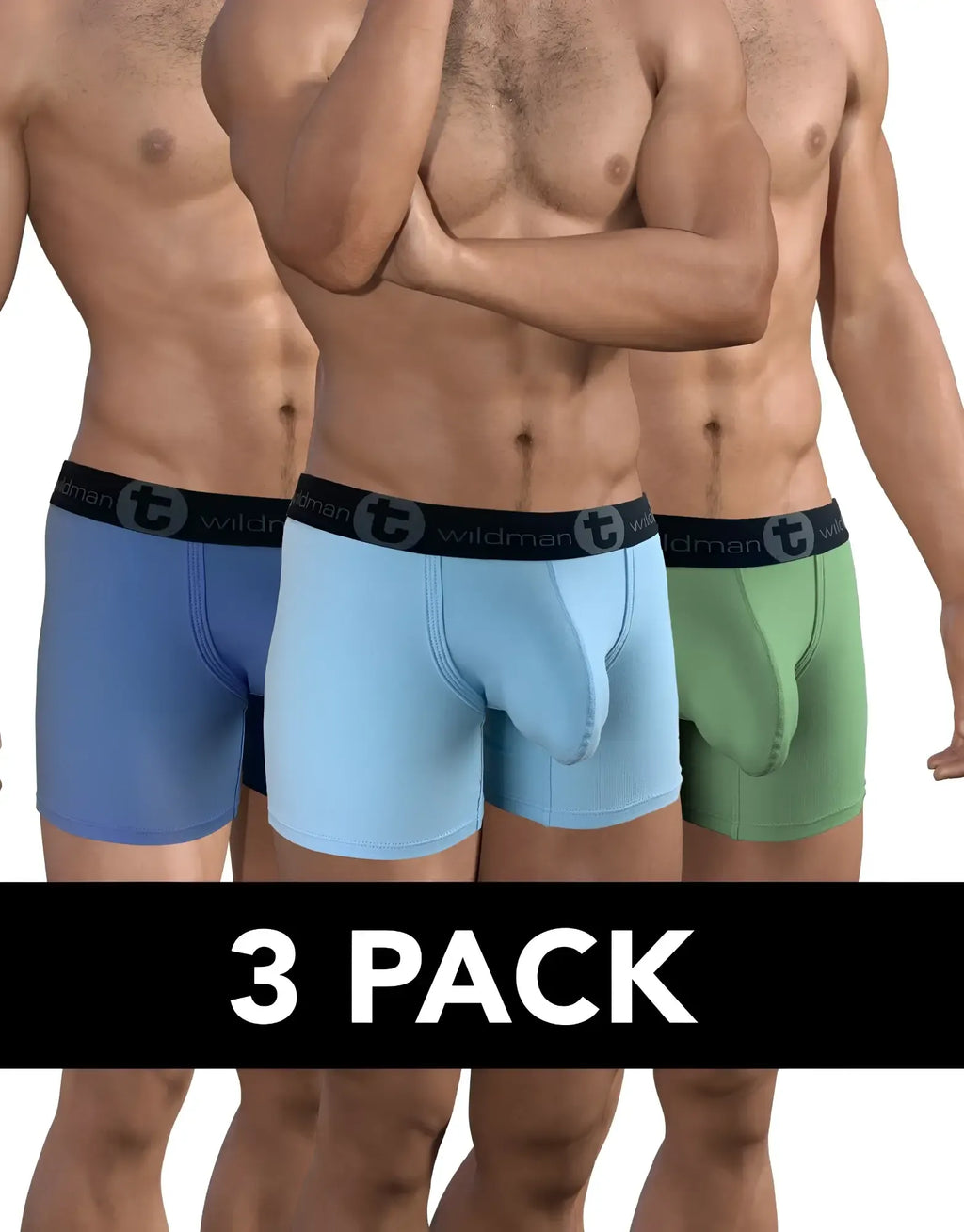 Three-pack of cotton boxer briefs with a supportive pouch, featuring black logo waistbands in blue, light blue, and green.