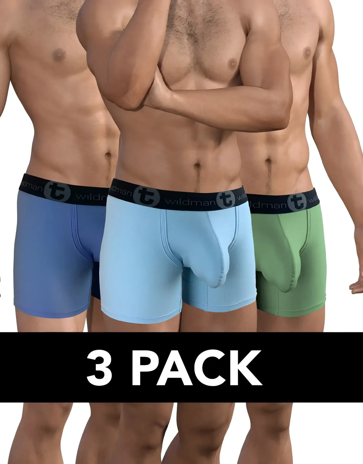 Three-pack of cotton boxer briefs with a supportive pouch, featuring black logo waistbands in blue, light blue, and green.
