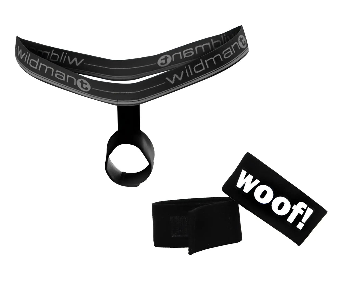 WildmanT black ball lifter harness and a separate black hook-and-loop ring with white "woof!" text.