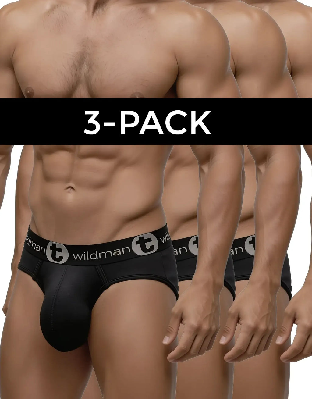 A three-pack of black Wildman T Big Boy pouch briefs, shown on a muscular model, featuring a logo waistband.