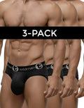 A three-pack of black Wildman T Big Boy pouch briefs, shown on a muscular model, featuring a logo waistband.