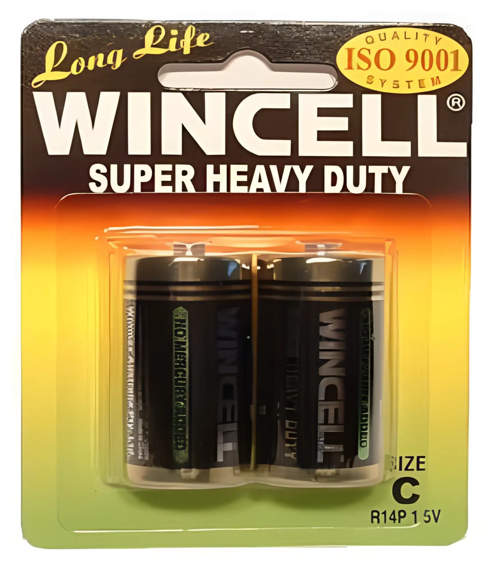 Two black wincell super heavy duty c size batteries in blister pack for long-lasting power 2pk
