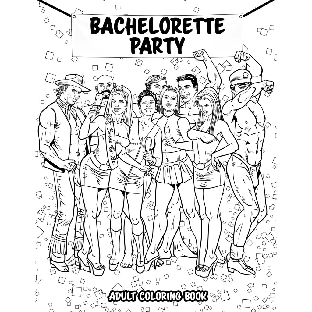 Wood rocket bachelorette party colouring book featuring black and white line art of group celebrating with confetti and text labels