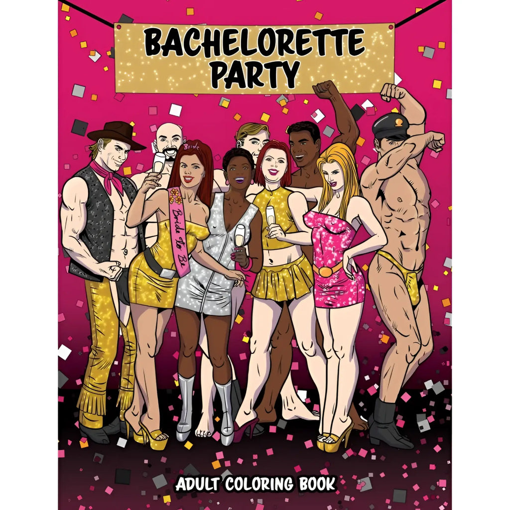 Wood rocket bachelorette party colouring book with vibrant cartoon illustrations of a festive group on pink confetti background