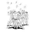 Black and white line art of a muscular man in captain hat with four women and musical notes in wood rocket bachelorette party coloring book