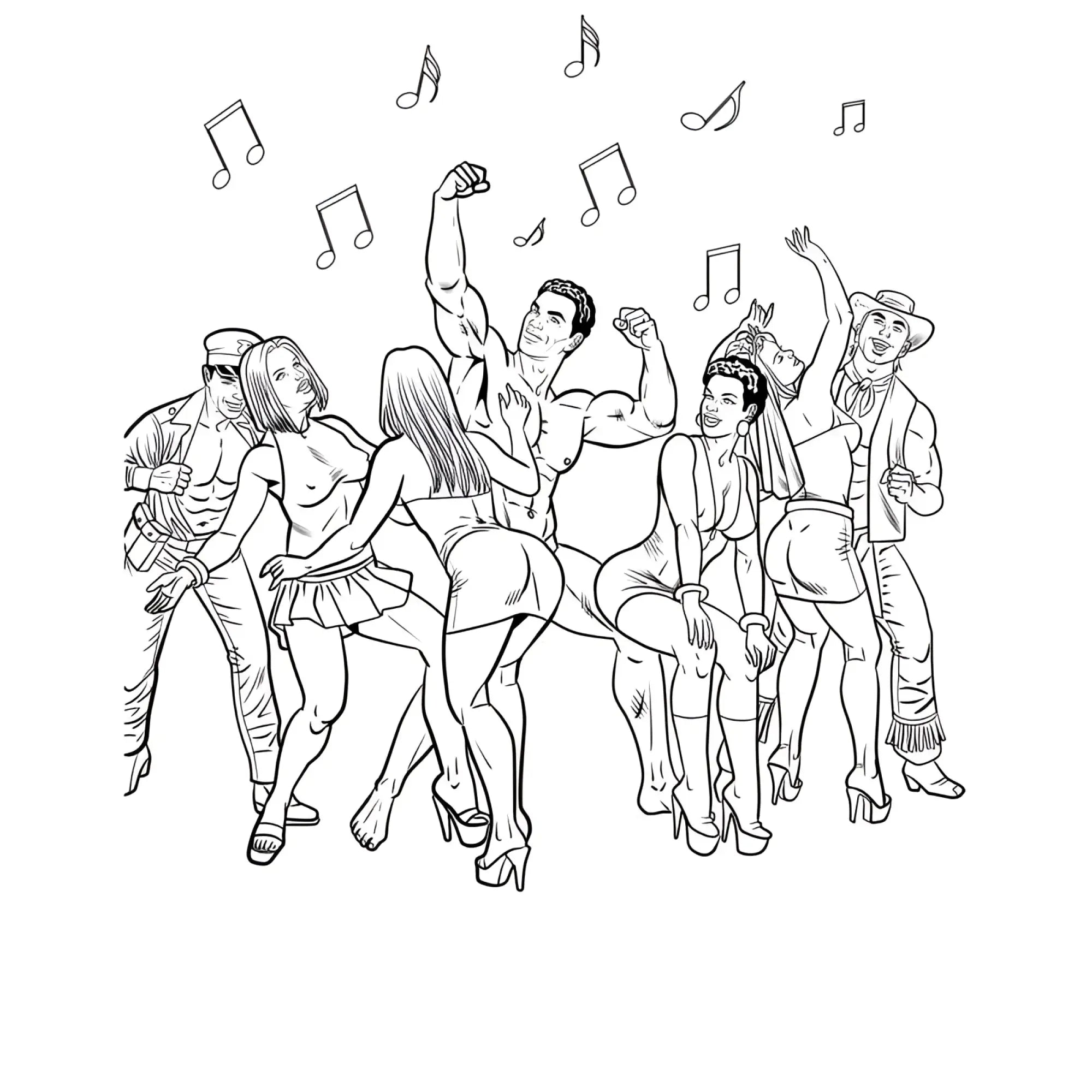 Black-and-white line drawing of people dancing with musical notes from wood rocket bachelorette party colouring book