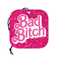 Pink glittery square wood rocket bad bitch car air freshener with bold pink cursive lettering outlined in white