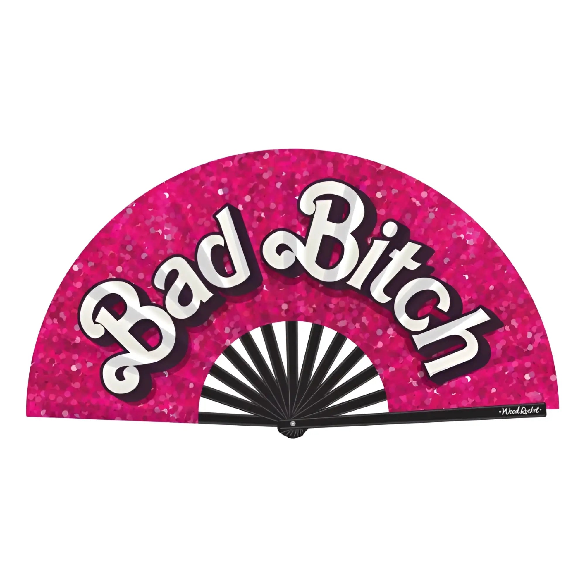 Wood Rocket bad bitch folding fan vibrant pink glitter with bold white cursive lettering and black-and-white striped interior