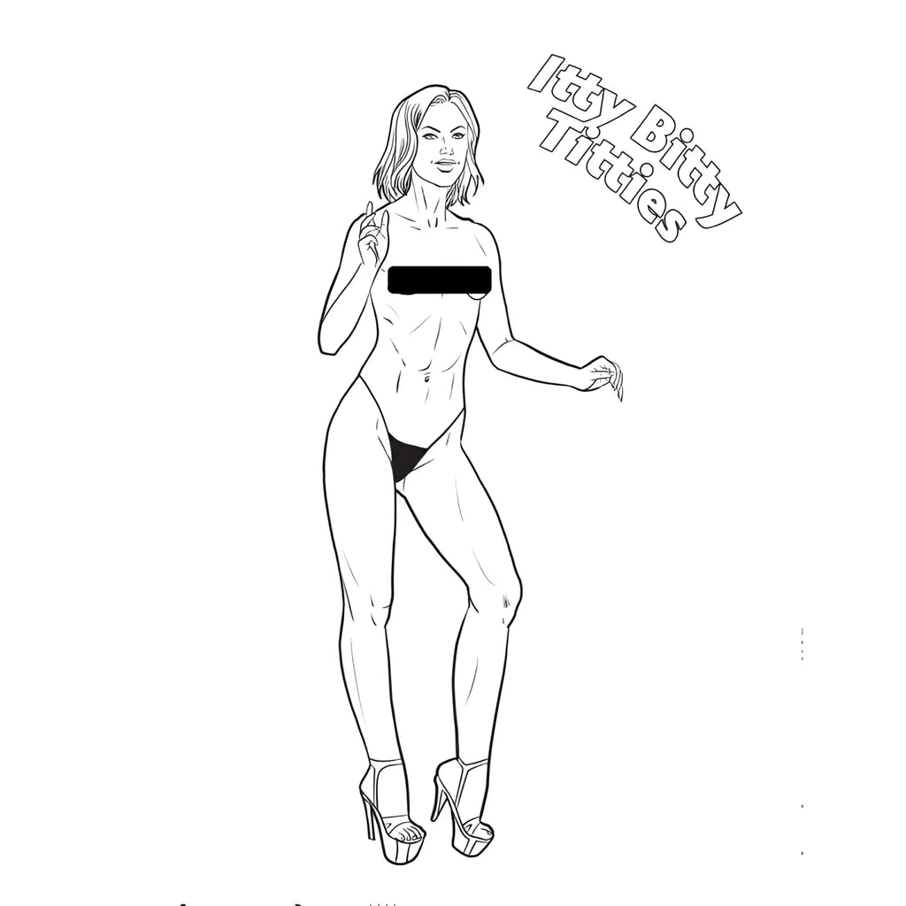Black bikini bottom paired with high heels shown from the back in wood rocket boobs boobs boobs colouring book product image