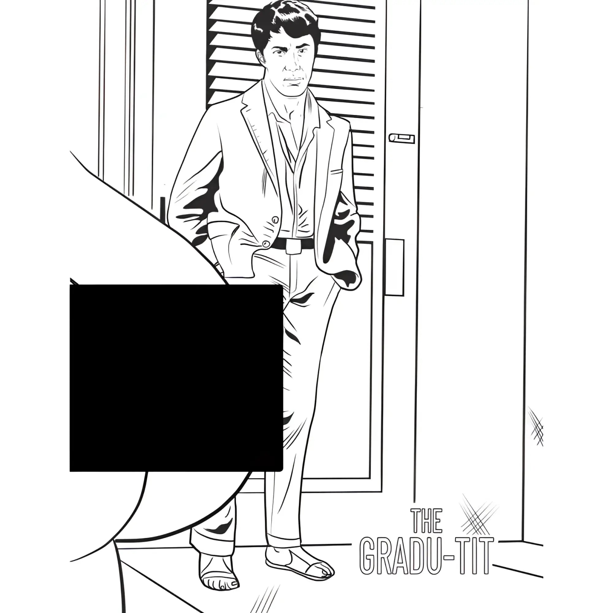 A black and white line drawing of a man in a suit by a door in wood rocket boobs boobs boobs colouring book