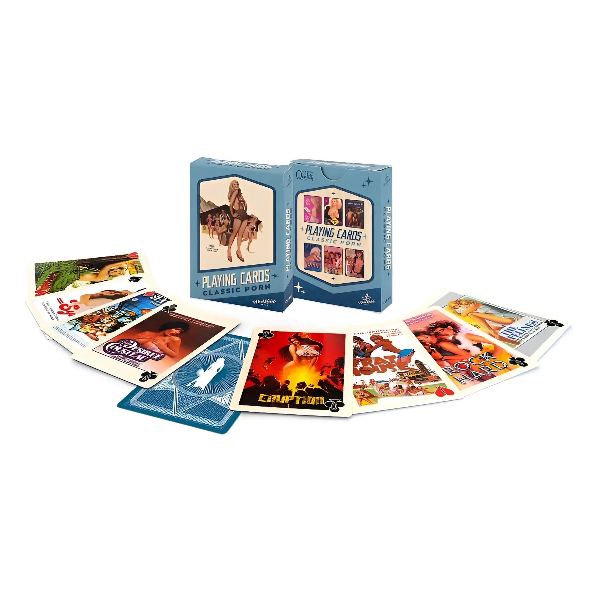 Blue box of wood rocket classic porn playing cards featuring vintage movie poster designs and small logo at bottom
