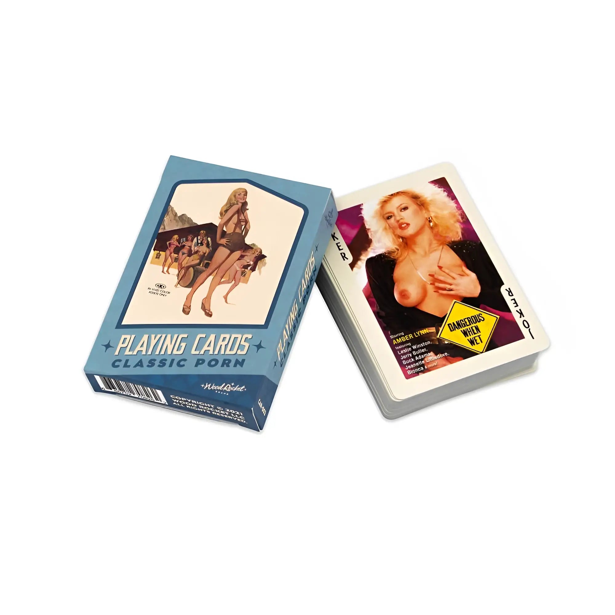 Blue rectangular wood rocket classic porn playing cards box featuring vintage pin-up artwork and text on side