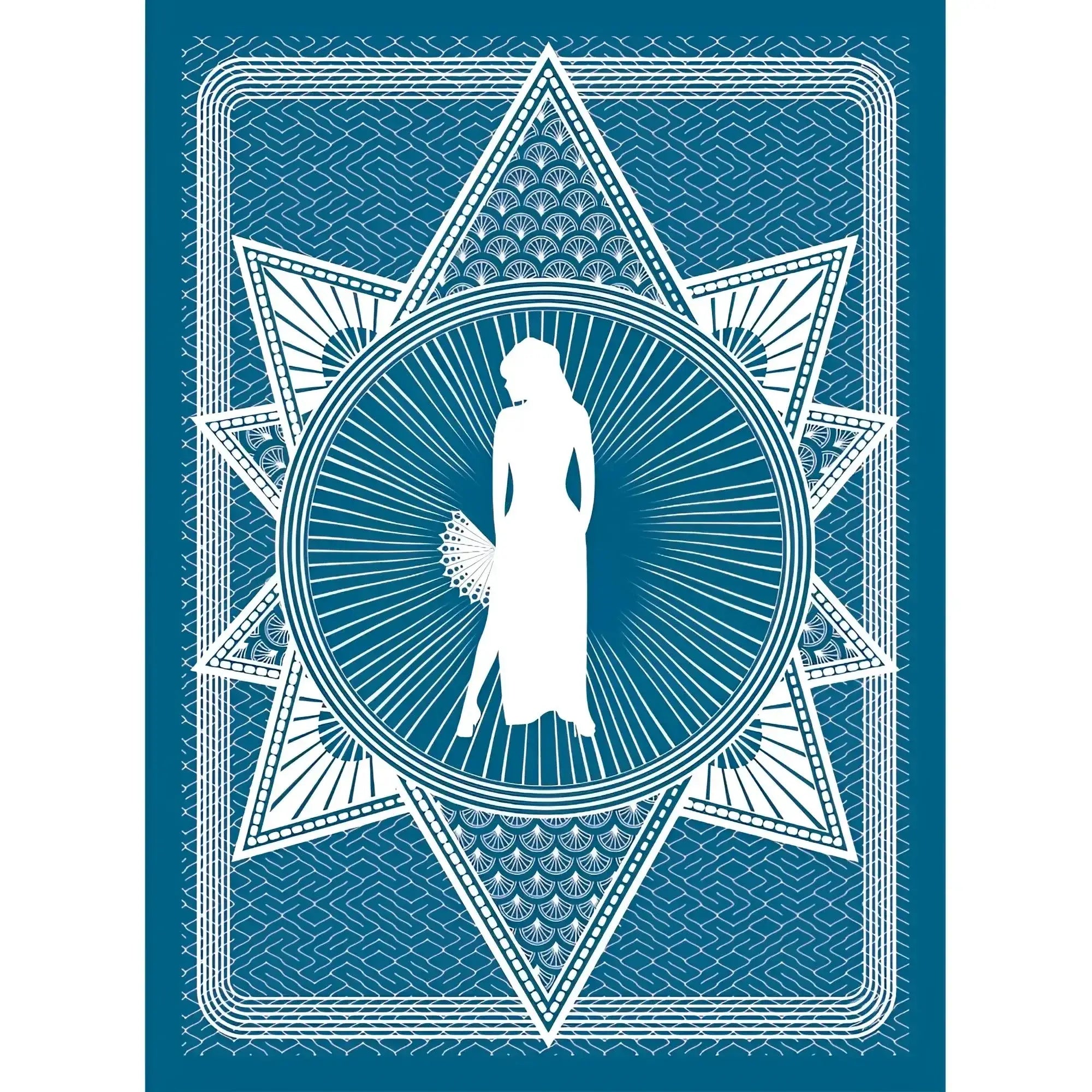 White silhouette of a woman in an elegant gown holding a fan on the back of wood rocket classic porn playing cards