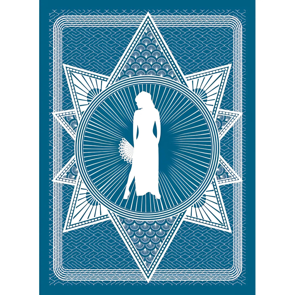 White silhouette of a woman in an elegant gown holding a fan on the back of wood rocket classic porn playing cards