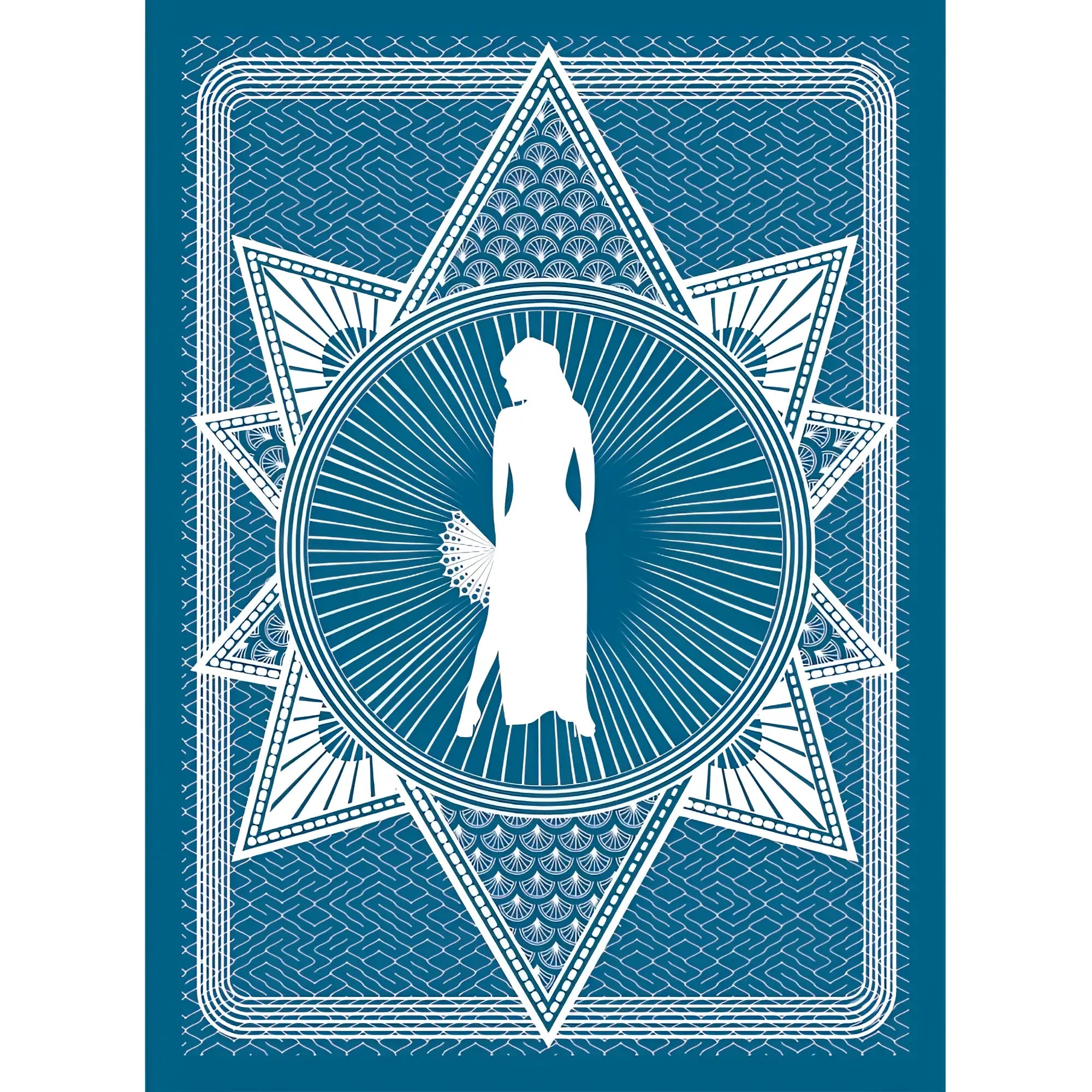 White silhouette of a woman in an elegant gown holding a fan on the back of wood rocket classic porn playing cards
