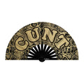 Wood rocket cunt fan black and gold snake print folding fan with bold textured gold lettering on its surface