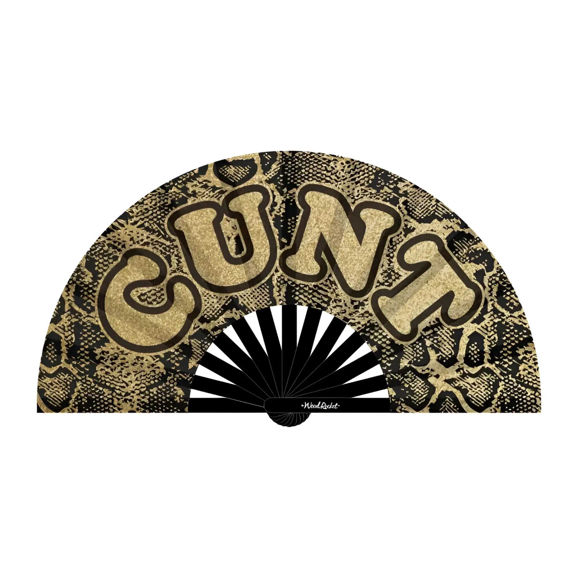 Wood rocket cunt fan black and gold snake print folding fan with bold textured gold lettering on its surface