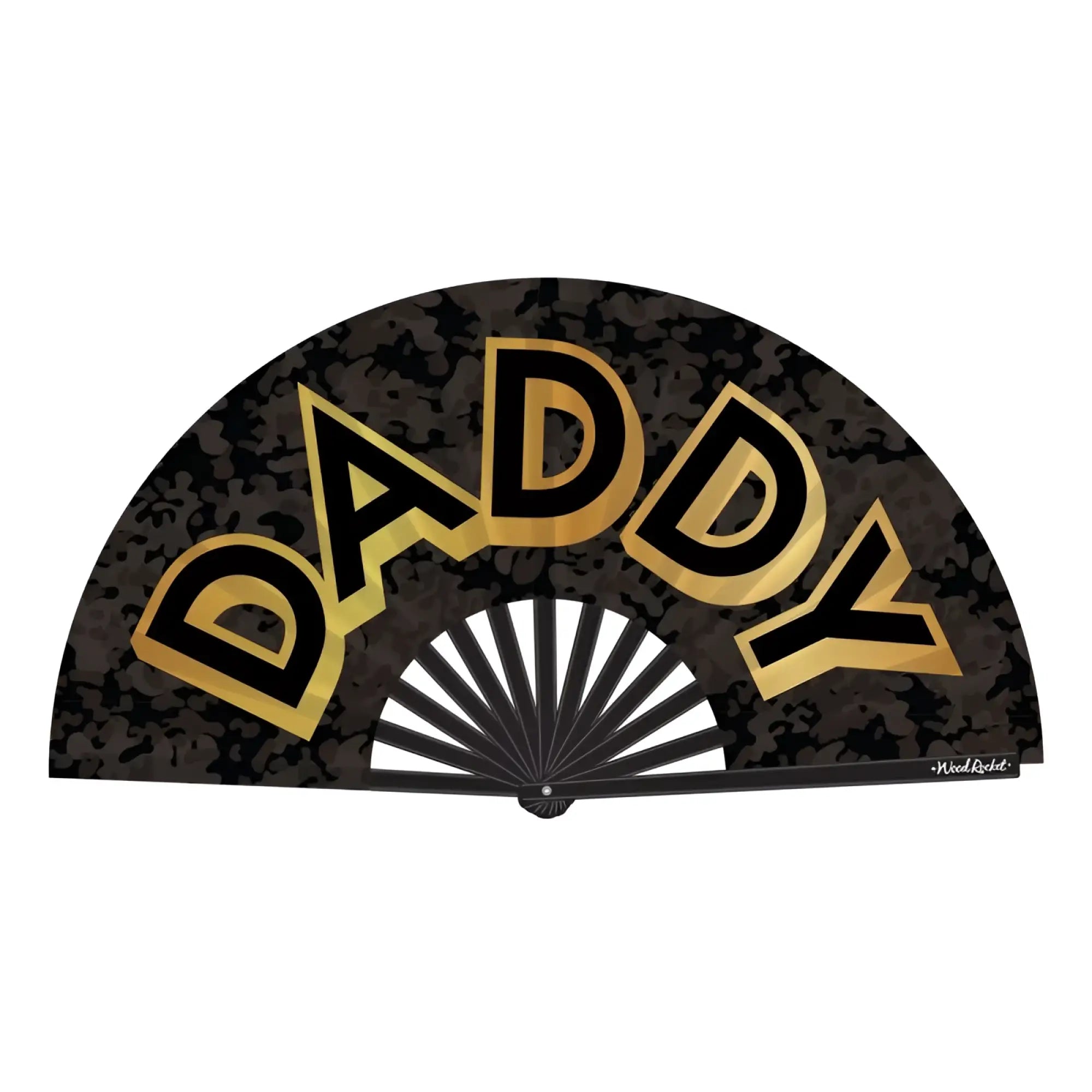 Wood rocket daddy folding fan in black and gold with a camouflage pattern made of wood and fabric