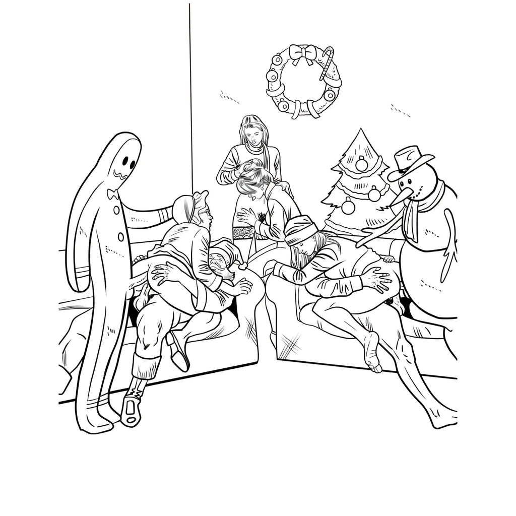 Black-and-white line art of gingerbread man with button eyes and bow tie beside festive people around christmas tree in wood rocket the dirtiest christmas colouring book ever