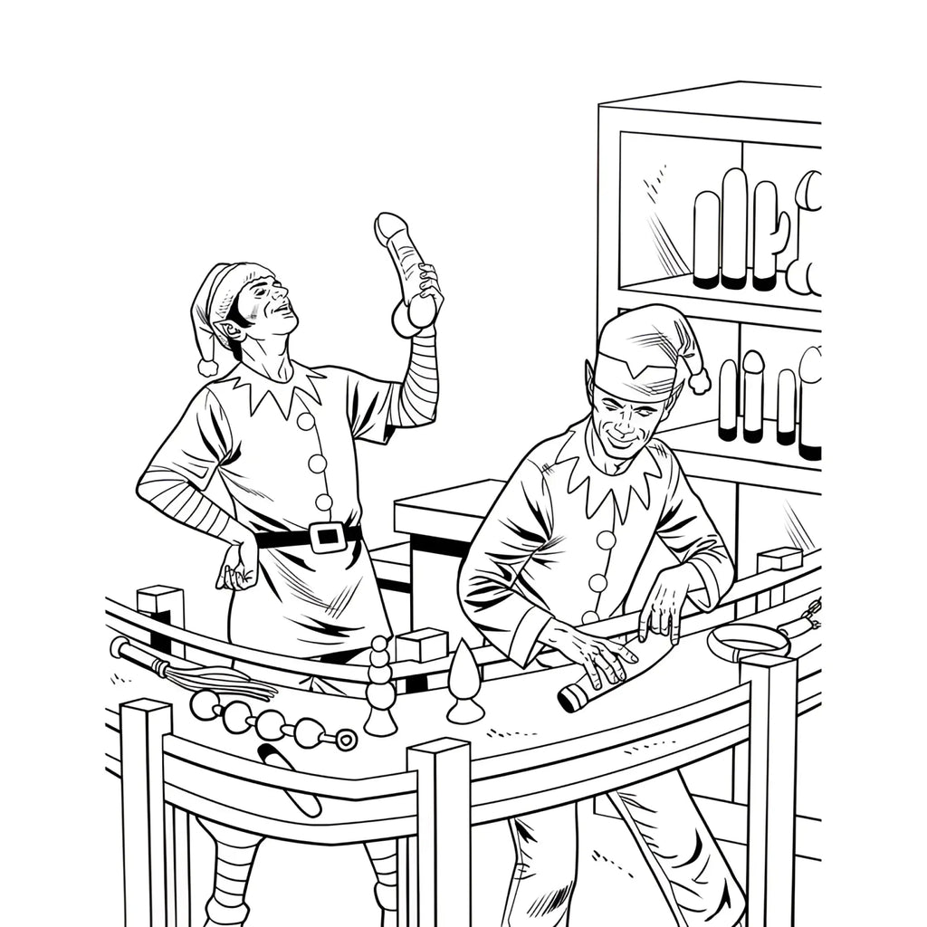 Black and white line drawing of phallic-shaped wood rocket held by one elf placed on workbench by another in adult coloring book