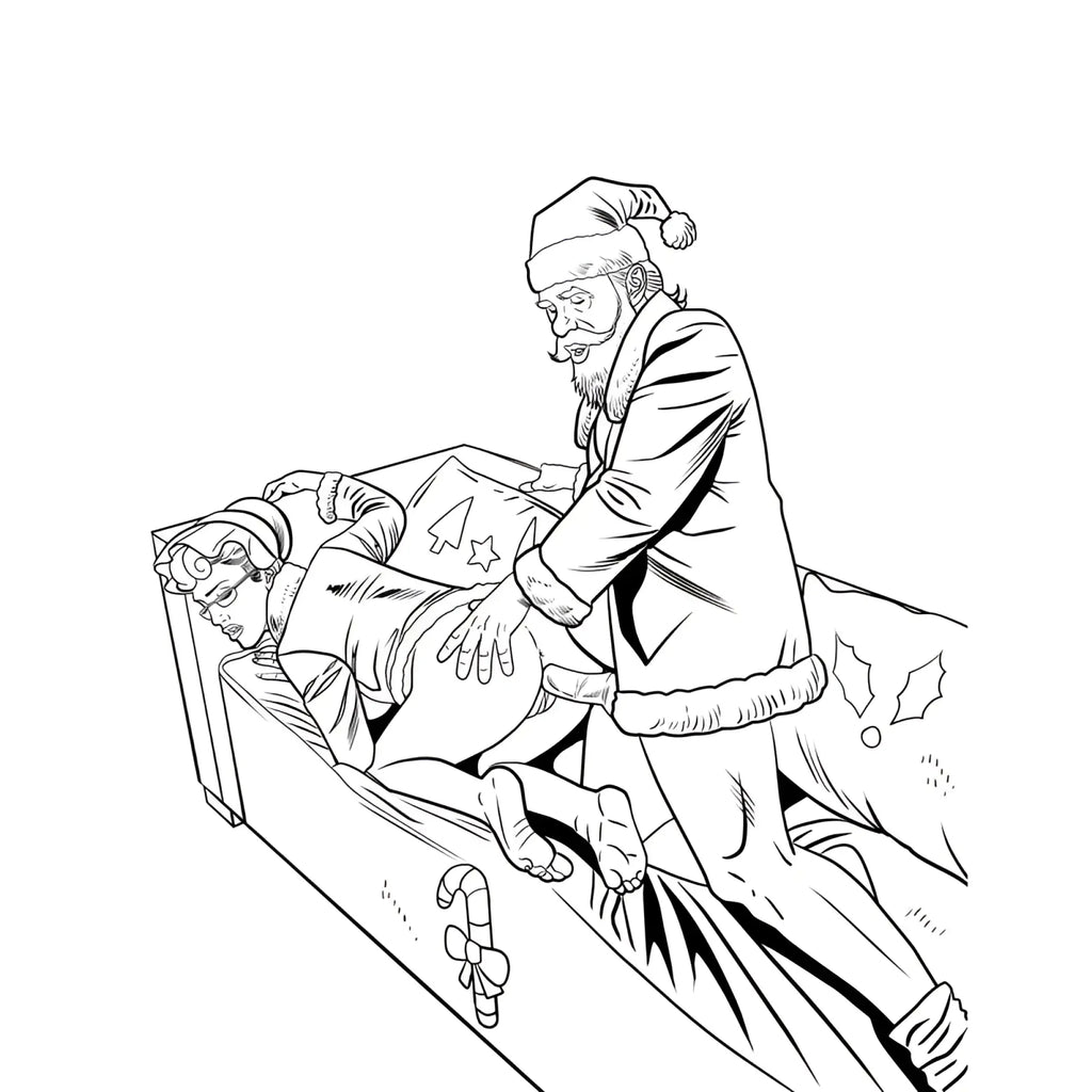 Black and white line drawing of santa claus in traditional red suit leaning over woman in coffin in christmas colouring book