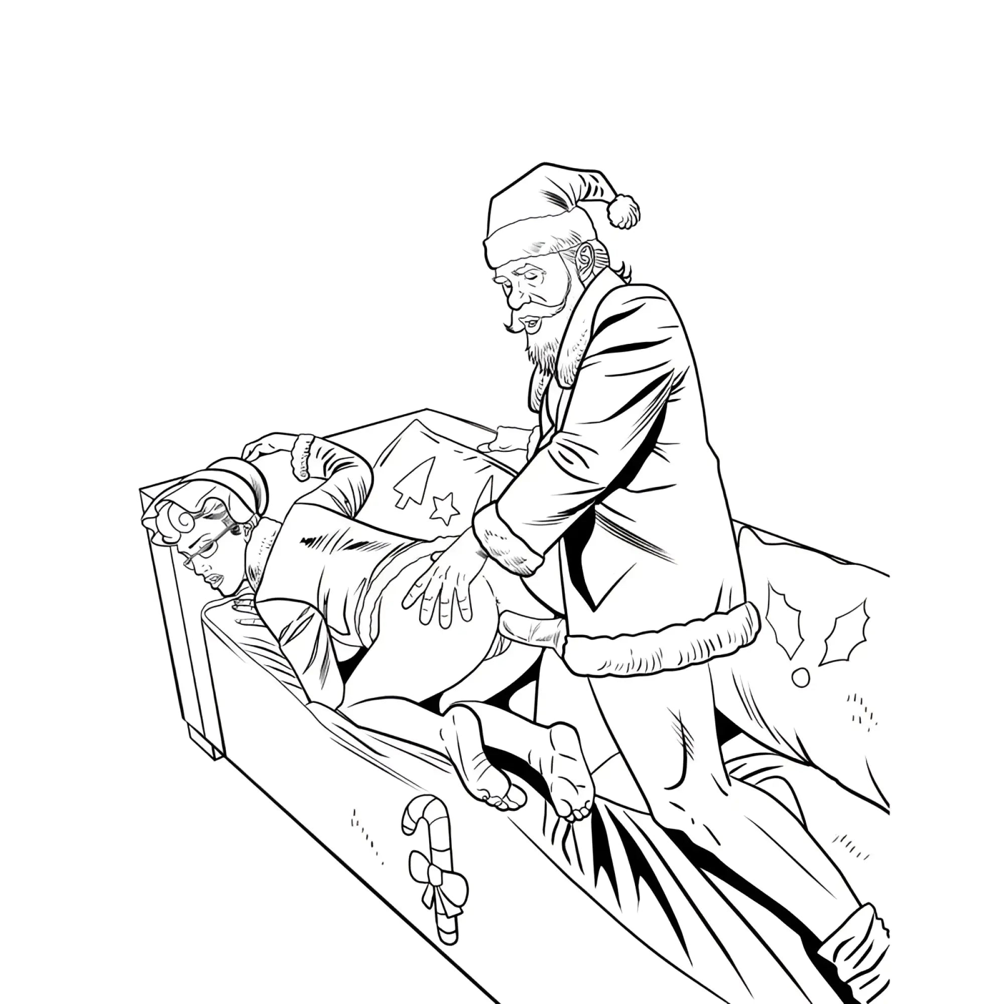 Black and white line drawing of santa claus in traditional red suit leaning over woman in coffin in christmas colouring book
