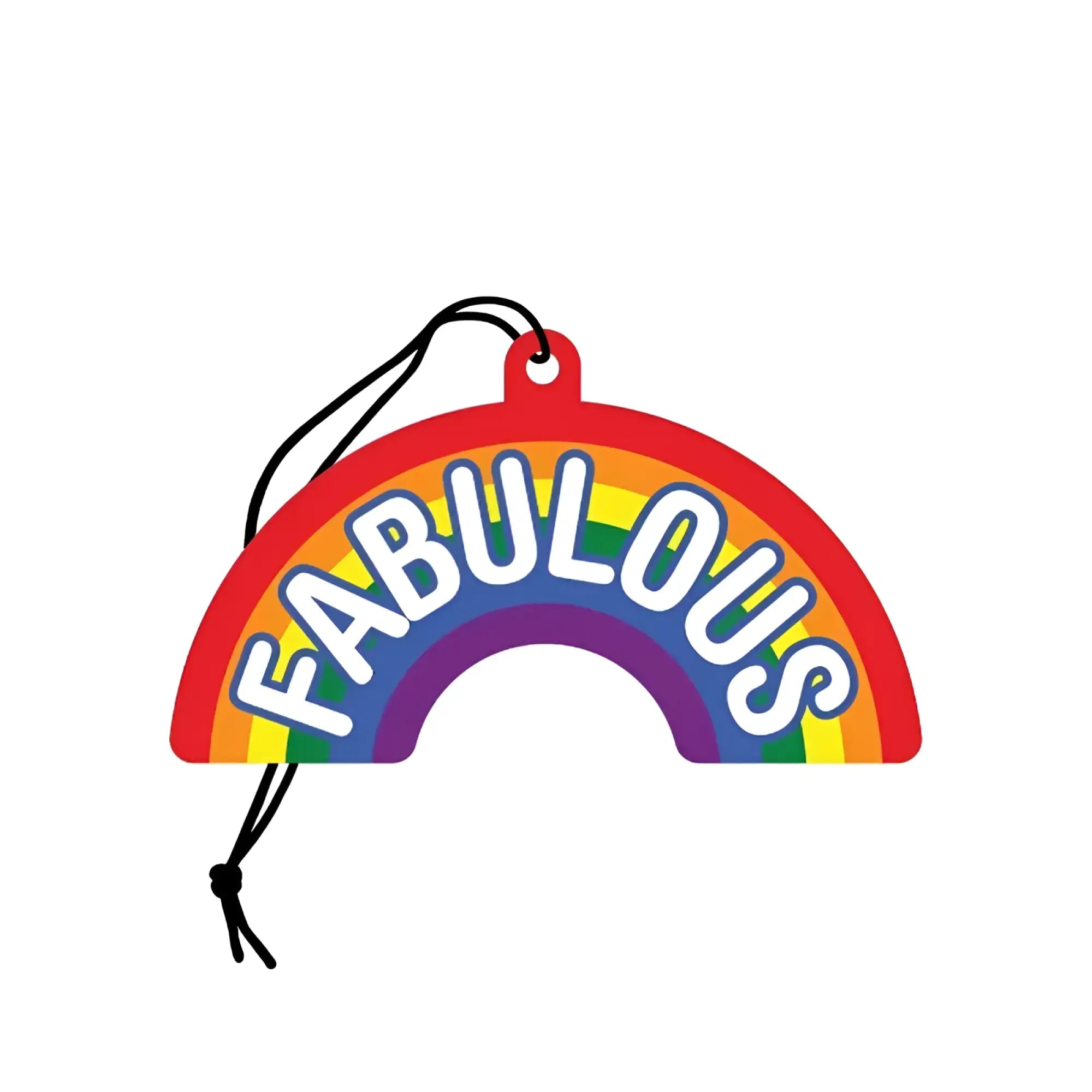 A wood rocket fabulous air freshener featuring a colorful rainbow shape with white fabulous lettering and black string