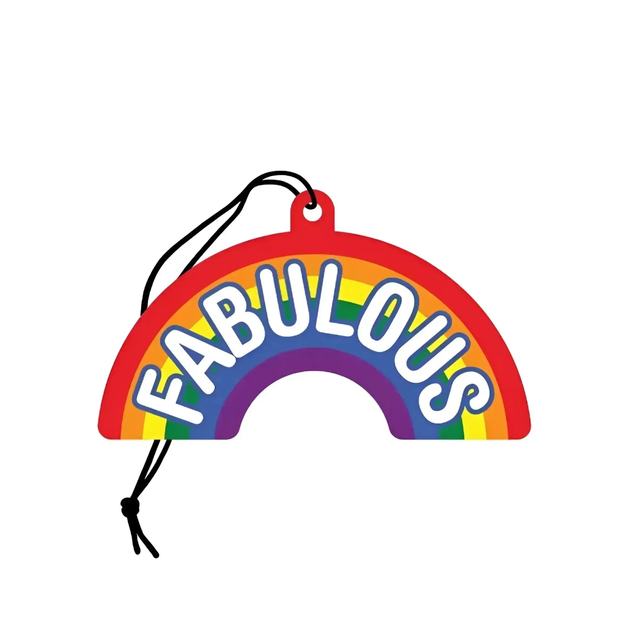A wood rocket fabulous air freshener featuring a colorful rainbow shape with white fabulous lettering and black string