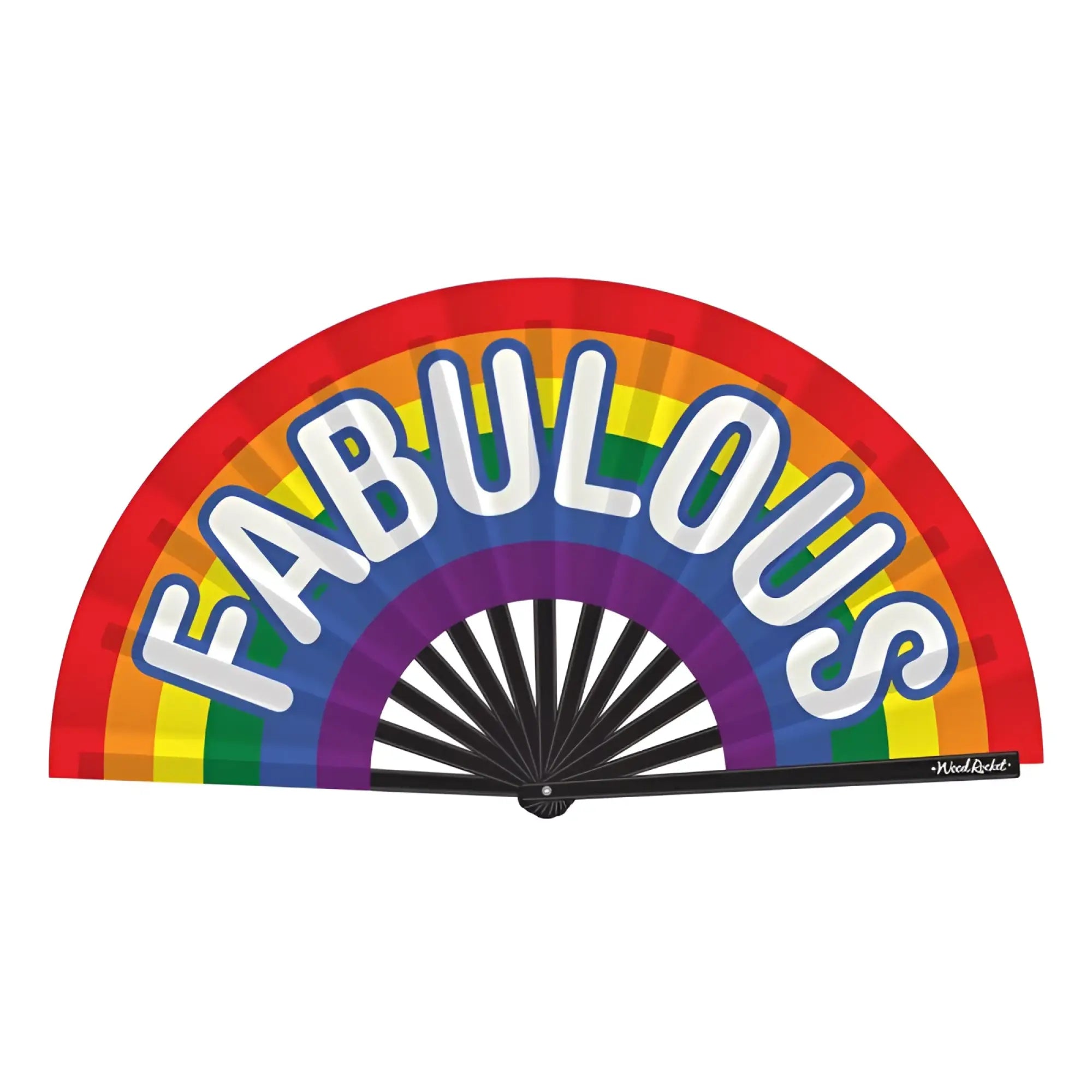 Wood Rocket fabulous folding fan with rainbow colors bold white lettering black handle and skeleton-style ribs