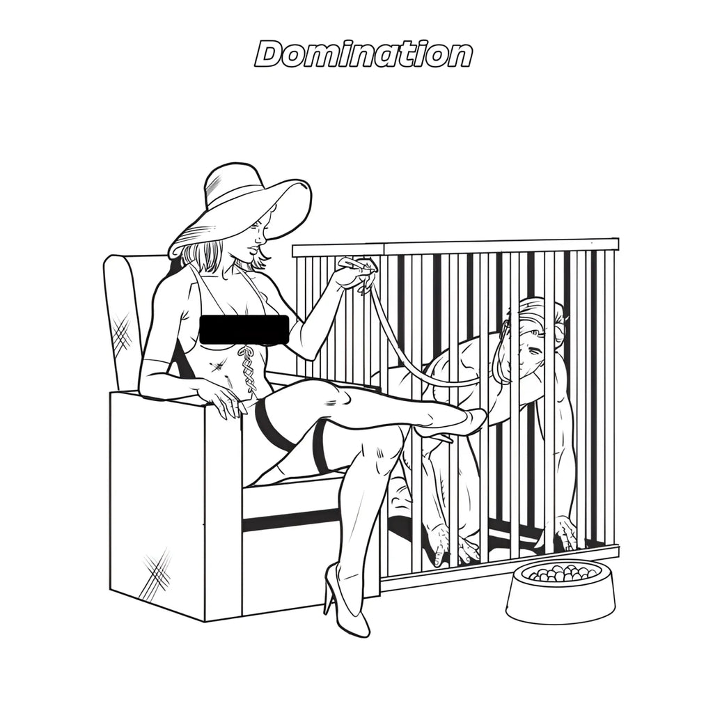 Black-and-white line art of a woman in wide-brimmed hat and lingerie holding a leash in cage for wood rocket fetishes are fun coloring book