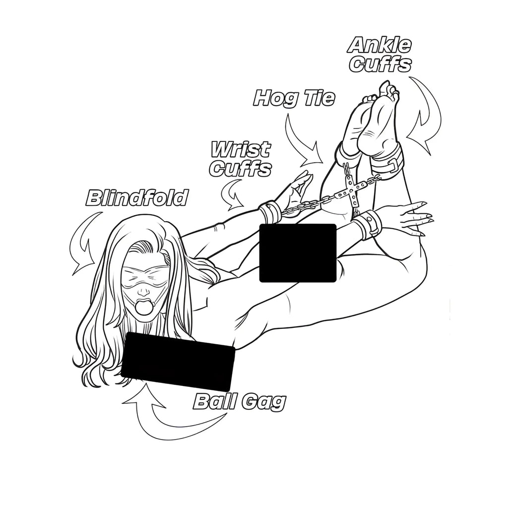 Black-and-white line drawing of a person restrained with bondage equipment in wood rocket fetishes are fun colouring book