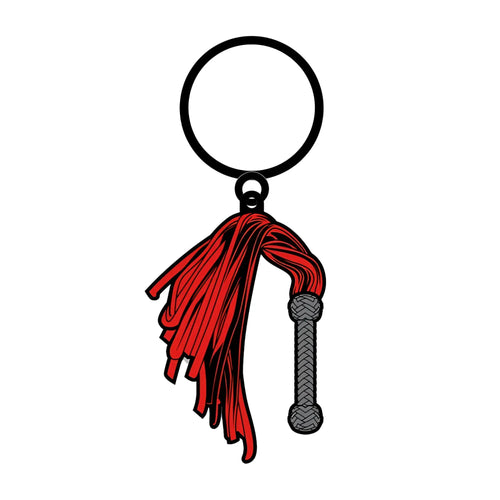 Wood rocket flogger keychain with a red tassel and braided gray handle made of wood and fabric materials