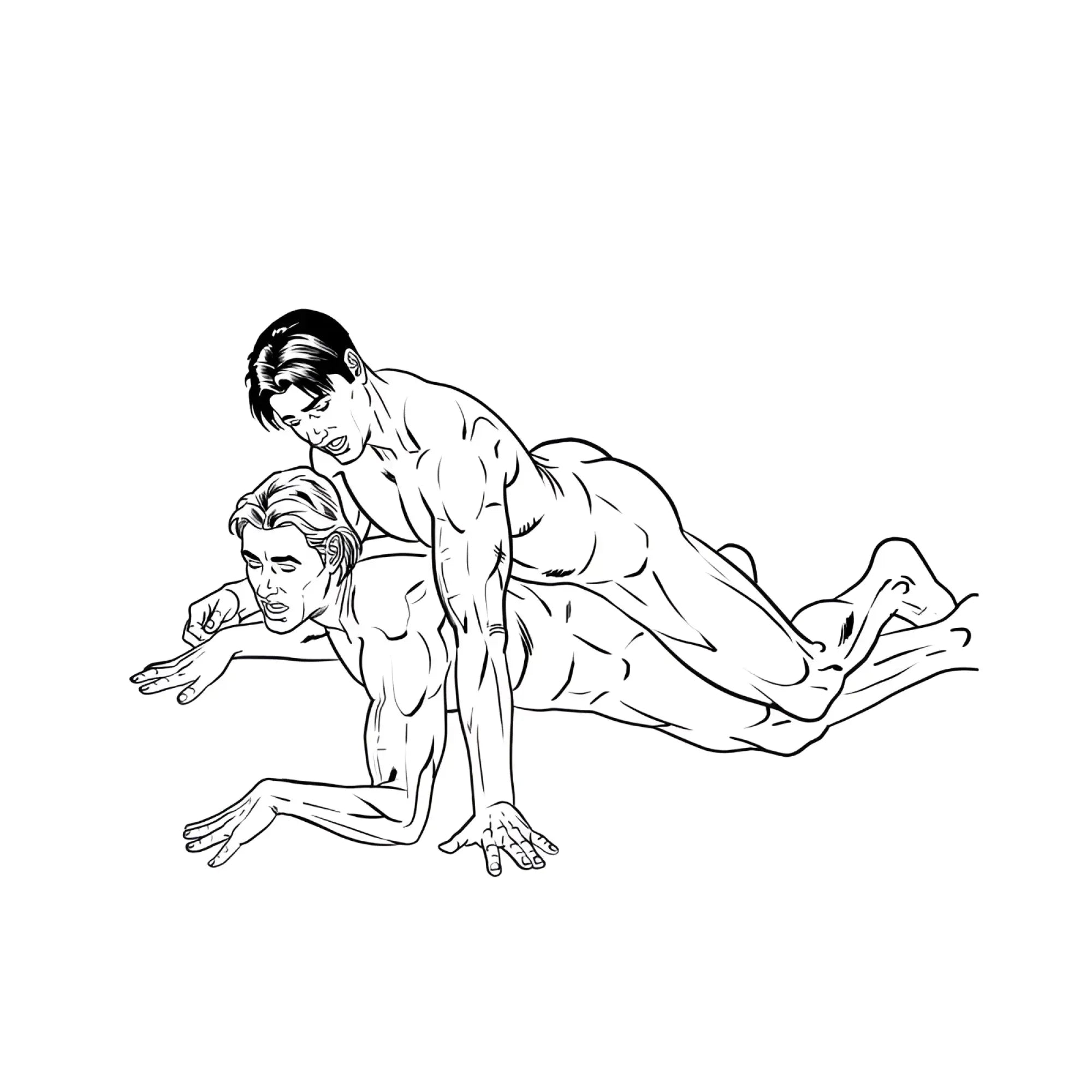 Black-and-white line drawing of two muscular men in a physical position from wood rocket the gay porn colouring book