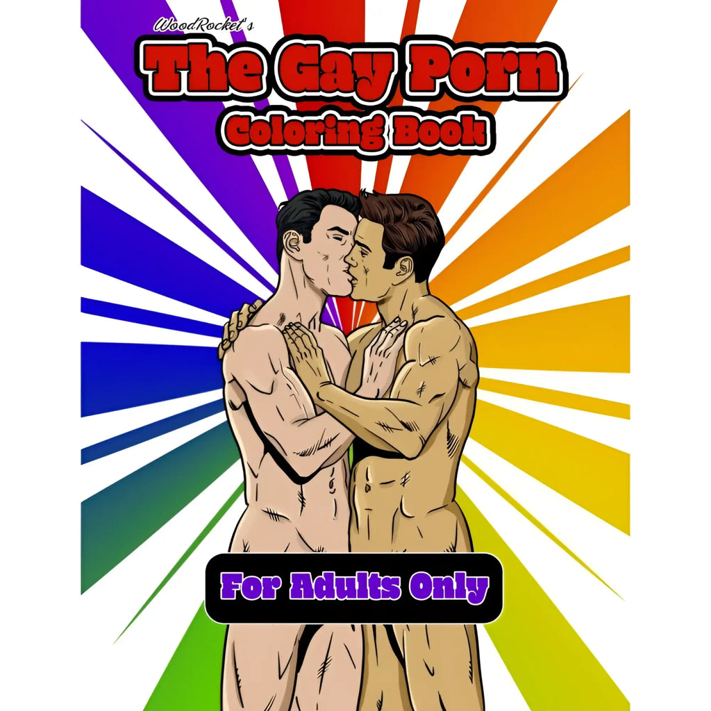 Woodrocket the gay porn colouring book features a vibrant rainbow sunburst and two muscular men kissing illustration