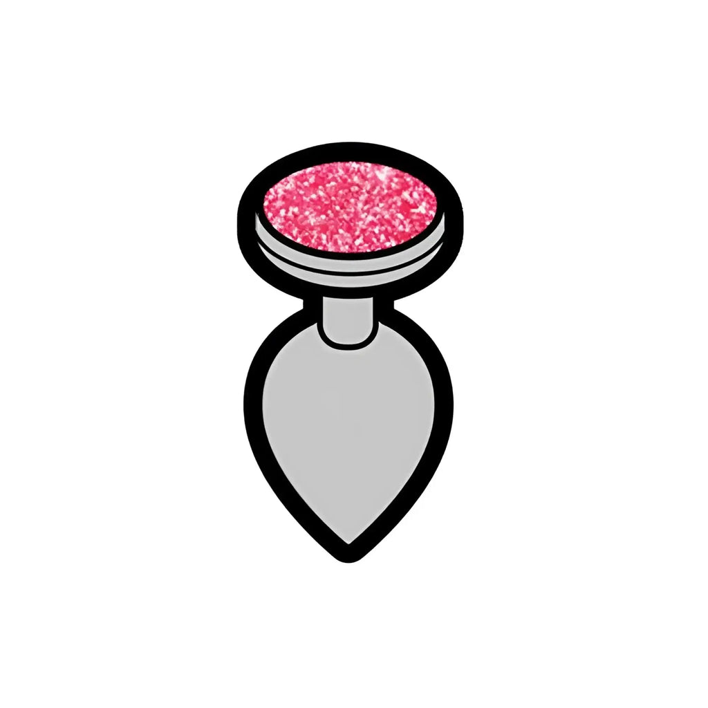 A sleek silver-toned enamel pin shaped like a perfume bottle charm with a vibrant pink glittery cap from wood rocket