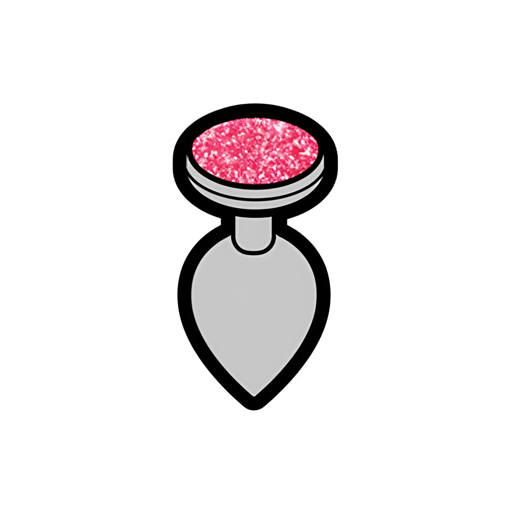 A sleek silver-toned enamel pin shaped like a perfume bottle charm with a vibrant pink glittery cap from wood rocket