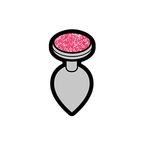 A sleek silver-toned enamel pin shaped like a perfume bottle charm with a vibrant pink glittery cap from wood rocket