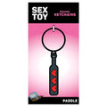 Black enamel wood rocket hearts paddle keychain with three red hearts along the side