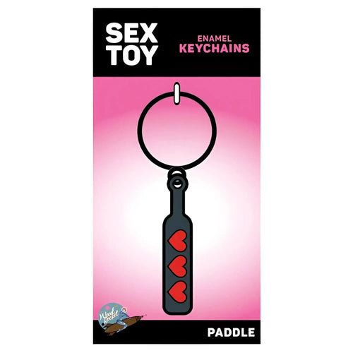 Black enamel wood rocket hearts paddle keychain with three red hearts along the side