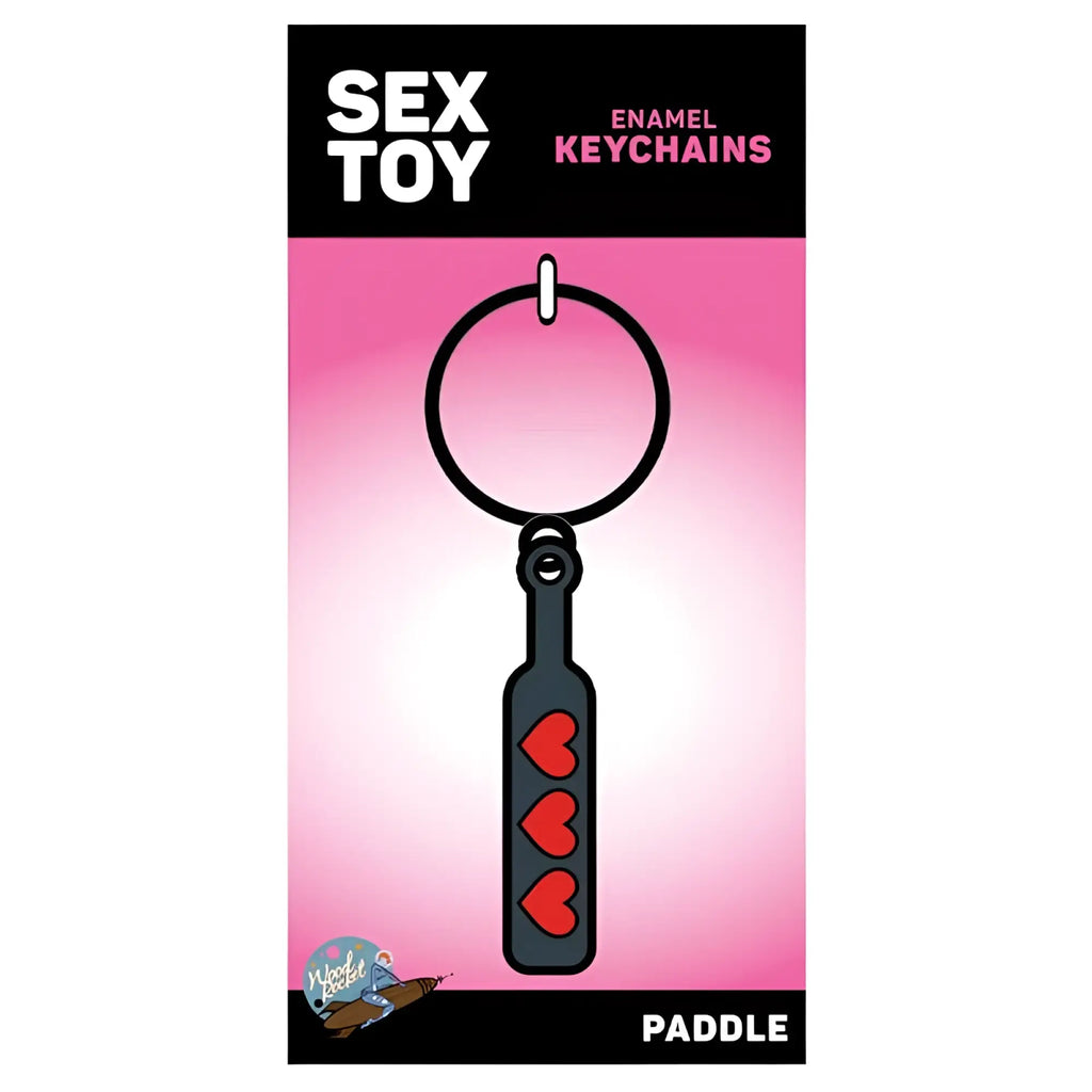Black enamel wood rocket hearts paddle keychain with three red hearts along the side